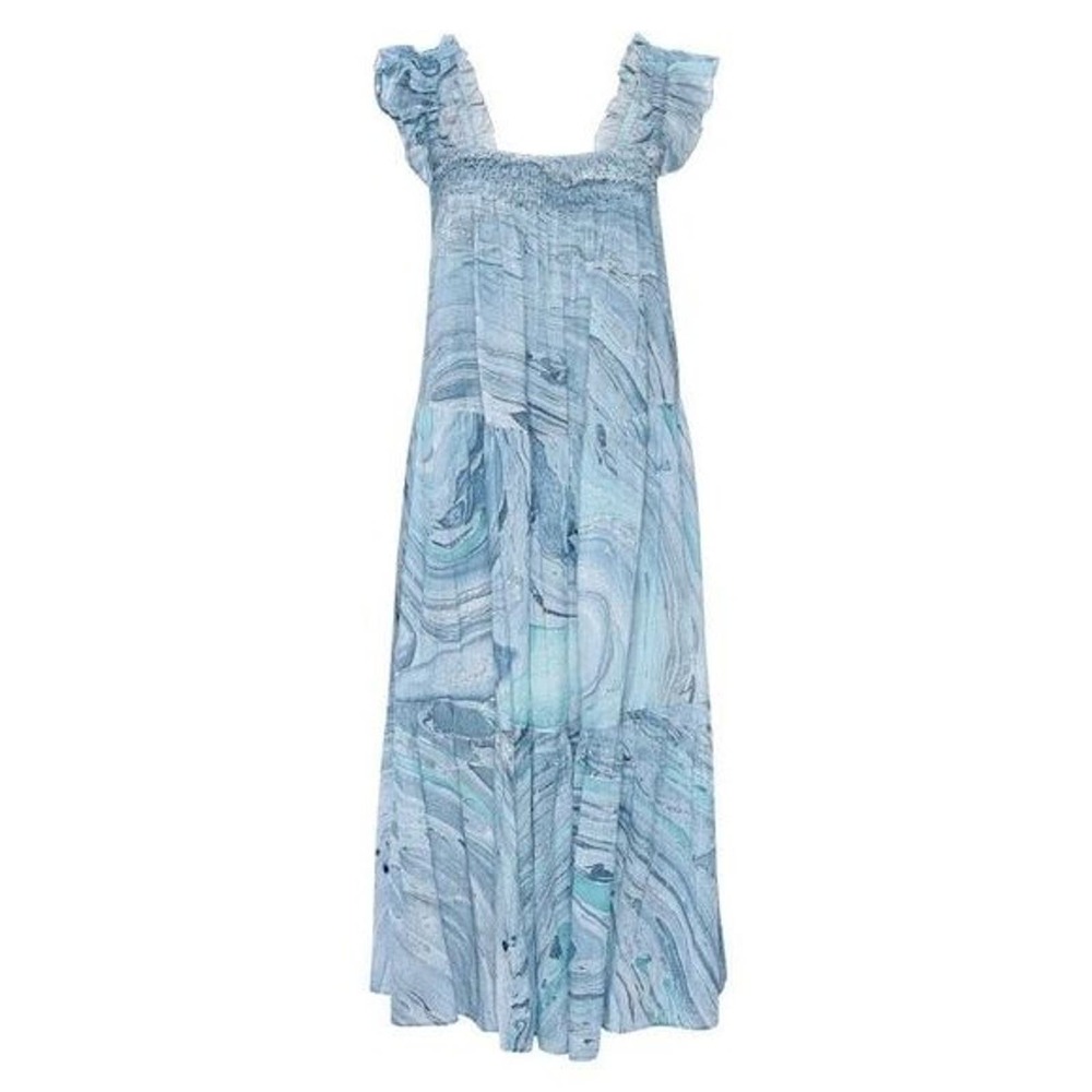 St. Roche NWT Rowena Midi Dress Blue Marble‎ Ruffle Neck Size 4 MSRP $360 - Picture 2 of 7